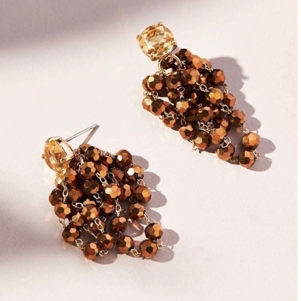 ANTHROPOLOGIE GOLD PLATED LEAF CRYSTAl EARRINGS dangle crystal bronze htf